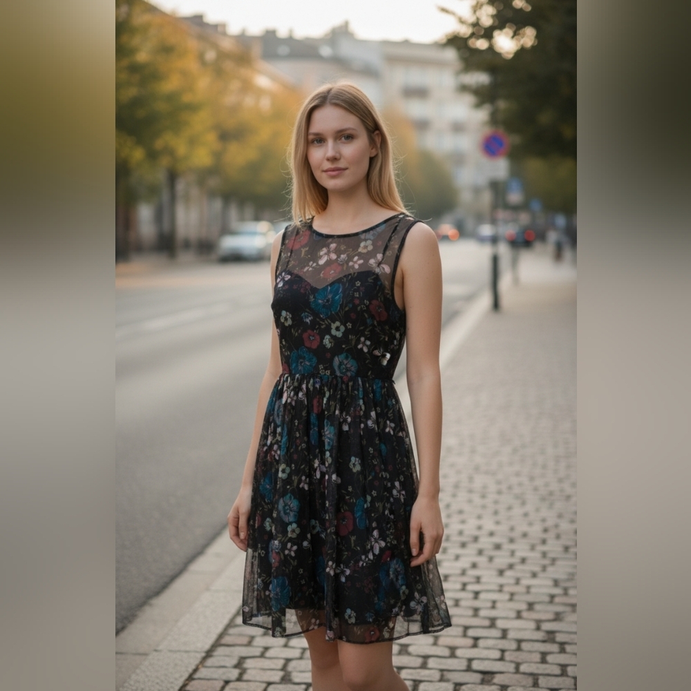 Disney by Lauren Conrad Sheer Floral Midi Dress - Black w/Teal & Burgundy Floral